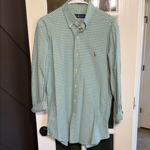 RALPH LAUREN Classic Grn/Bue Check Plaid 100% Cotton Button-Down Collar Medium